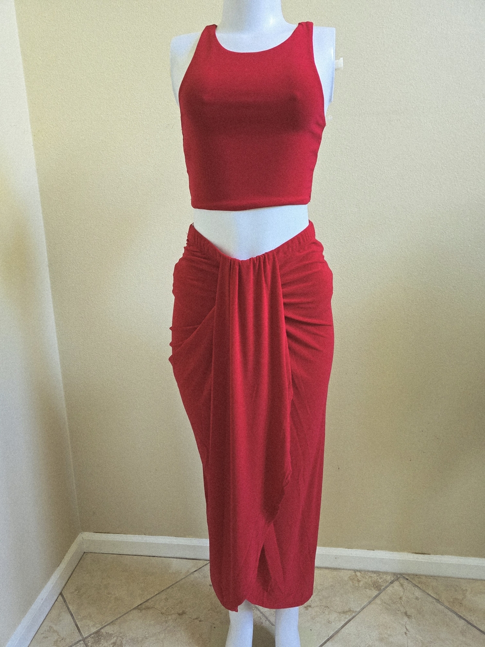 Brand New! Red Ruched Tie-Front Maxi Set — Sleeveless Crop Top & Skirt